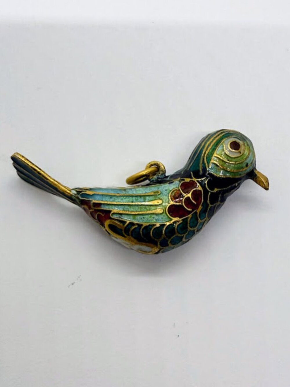 Vintage Chinese Cloisonné Gold Tone Bird Charm Pendant 1" Enamel Figure Green